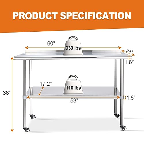 Sapodilla NSF Stainless Steel Worktables with Wheels, 60×24 Inches Commercial Heavy Duty Tables with Backplash and Adjustable Undershelf for Kitchen, Restaurant, Hotel and Garage… - WoodArtSupply