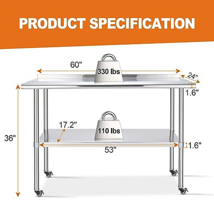 Sapodilla NSF Stainless Steel Worktables with Wheels, 60×24 Inches Commercial Heavy Duty Tables with Backplash and Adjustable Undershelf for Kitchen, Restaurant, Hotel and Garage… - WoodArtSupply