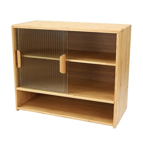 Bamboo Countertop Storage Cabinet with 2 Sliding Striped Glass Doors, Kitchen Cabinet Pantry Sideboard Freestanding Utility Cupboard for Spice Seasoning Bottles, Dish, Bowl (Wood Color) BuufuS