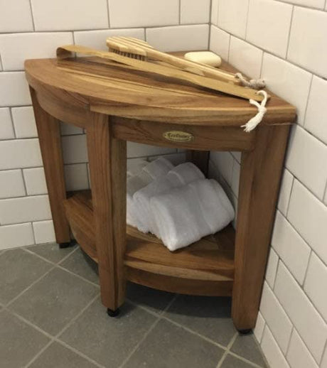 EcoDecors, Snazzy Corner, Teak Corner Shower Stool, Teak Corner Shower Bench, Teak Shower Stool for Inside Shower, Teak Bench Shower, Teak Corner Shelf, Teak Shower Table EcoDecors