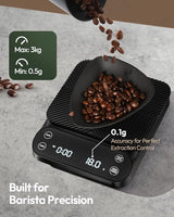 Maestri House S3 Coffee Scale with Timer, 3kg/0.1g Rechargeable Digital Scale, 3 Brew Modes, Adjustable Ratios & Flow Rate Display, Barista-Grade for Pour-Over, Espresso, French Press – Black