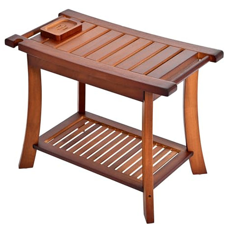 Jekruiet Teak Shower Chair Stool, 24 Inch Shower Bench Seat, Wooden Bathroom Bench with Storage Shelf for Adults, Elderly, Disabled Indoor & Outdoor Use Jekruiet