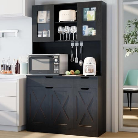 GTFURNI 71" Tall Kitchen Pantry Storage Cabinet Large Farmhouse Hutch Cabinet with Microwave Stand, Charging Station, Adjustable Shelves, Countertop for Dining Room, Living Room, Black GTFURNI