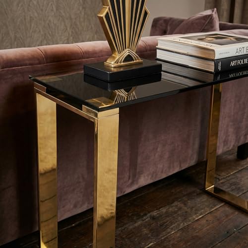 Cortesi Home Remini Narrow Contemporary Glass Console Table in Polished Gold Finish, Black Glass Cortesi Home