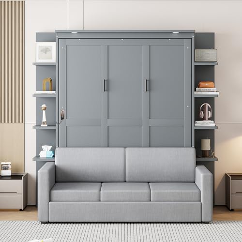 Merax Queen Size Murphy with Sofa and Shelves for Bedroom or Guestroom Wall Bed Space Saving Hidden Bed,No Need Fix to The Wall,Gray Merax