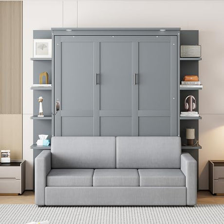 Merax Queen Size Murphy with Sofa and Shelves for Bedroom or Guestroom Wall Bed Space Saving Hidden Bed,No Need Fix to The Wall,Gray Merax