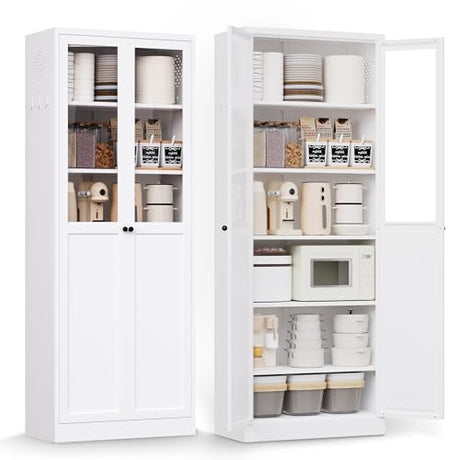 AQY Kitchen Pantry Cabinet,72" White Pantry Storage Cabinet with 5 Tire Adjustable Shelves and Glass Doors,Freestanding Cupboard,Metal Pantry Cabinets with Handle for Living Room,Assembly Required AQY
