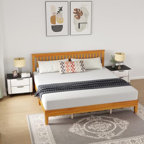 PayLessHere Solid Wood Platform Bed Frame with Headboard - King Size, Brown, No Box Spring Required - WoodArtSupply