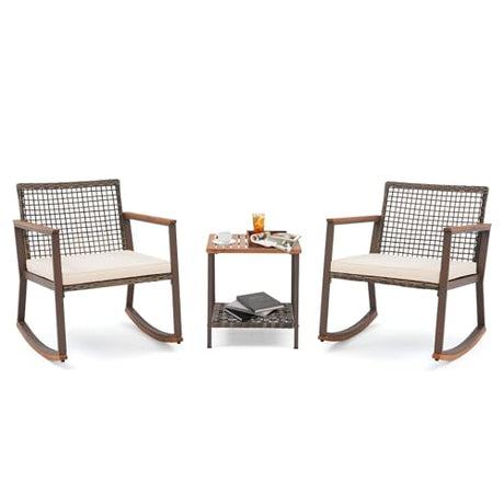 Verano Garden 3 Pieces Rocking Bistro Set, Outdoor Conversation Bistro Chairs and Table Set with Wood Armrest and Soft Cushions, Small Porch Set Balcony Set for Garden, Patio, Yard Verano Garden
