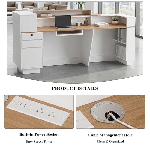 Laxodor 86.6" L-Shaped Reception Desk with Dimmable LED Lights, White Front Desk Counter for Salon, Retail Store & Office