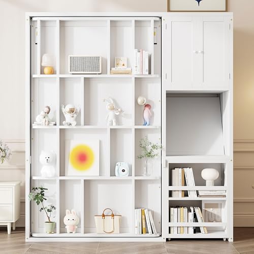 SOFTSEA Twin Size Murphy Bed with Desk, Bookshelf & Storage Cabinets, Space-Saving Foldable Wall Bed with Extendable Desk, White SOFTSEA
