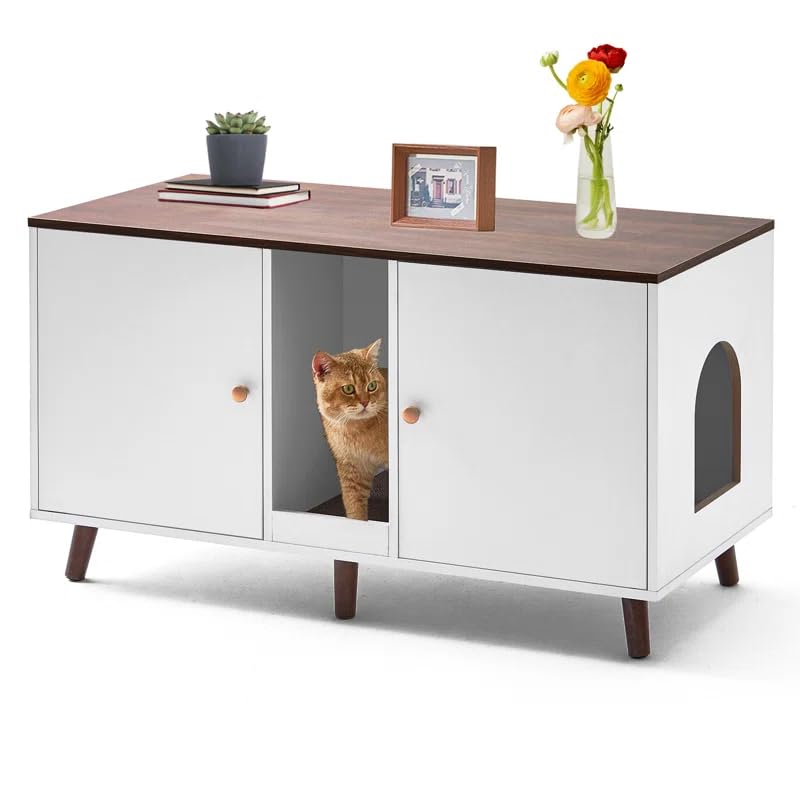 JanflyHome Litter Box Enclosure for 2 Cats, Double Hidden Litter Box Cabinet Furniture with Scratching Pad, Indoor Wood End Table Side Table Cat Washroom, White JanflyHome