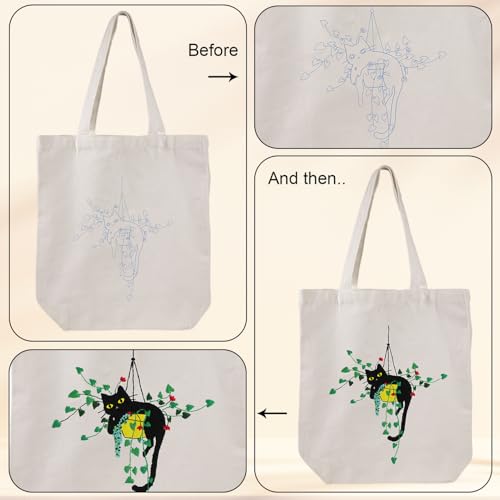 Louise Maelys Canvas Tote Bag Embroidery Kit for Beginners,Cross Stitch Kits for Adults,Arts and DIY Crafts Needlepoint with Plant Cat Pattern,Women Shopping Reusable Grocery Bags