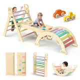 BlueWood Pikler Triangle Set 7in1 Foldable Baby Climbing Toys Wooden Montessori Climbing Set with Arch&Ramp&Ladder Baby Climber Indoor Jungle Gyms for Toddlers Montessori Toys - Rainbow BlueWood