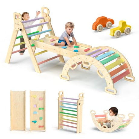 BlueWood Pikler Triangle Set 7in1 Foldable Baby Climbing Toys Wooden Montessori Climbing Set with Arch&Ramp&Ladder Baby Climber Indoor Jungle Gyms for Toddlers Montessori Toys - Rainbow BlueWood