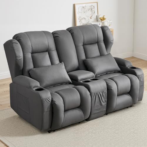 Loveseat Recliner Sofa,RV Wall Hugger Recliners for Small Spaces,Reclining Loveseat Sofa Recliner with Cup Holders/Lumbar Pillows,RV Furniture (Gray, Loveseat with Console)