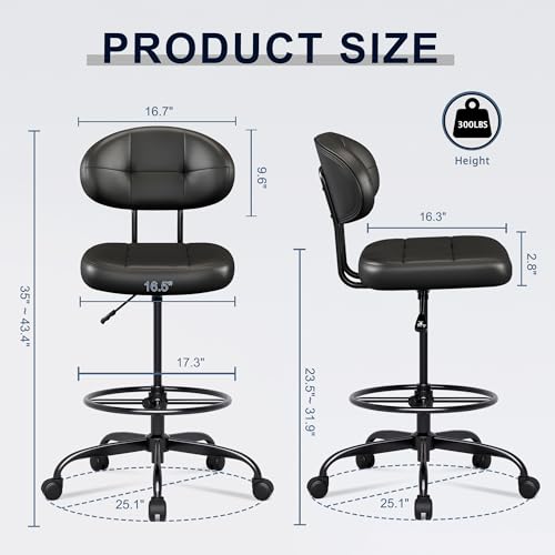Misolant Drafting Chair Without Arms, Tall Office Chair with Footrest Ring for Standing Desk, Small Faux Leather Executive Office Chair with Adjustable Height for Bar Lab Counter Height Desk, Black Misolant