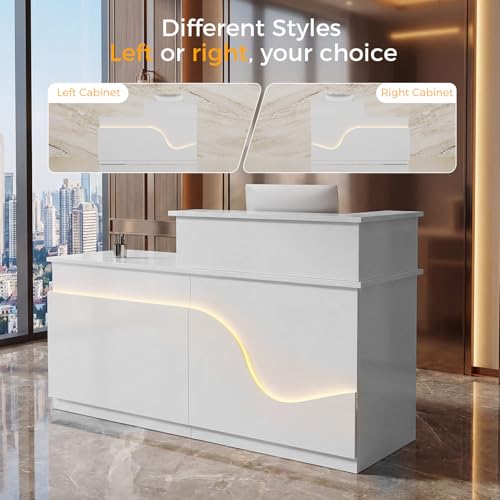 Reception Desk with LED Lights, 71" White Glossy Front Desk Counter with Lockable Drawer & Cabinet, Modern Left-Side Higher Counter with Keyboard Tray, Reception Counter for Office, Salon and Lobby