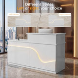 Reception Desk with LED Lights, 71" White Glossy Front Desk Counter with Lockable Drawer & Cabinet, Modern Left-Side Higher Counter with Keyboard Tray, Reception Counter for Office, Salon and Lobby