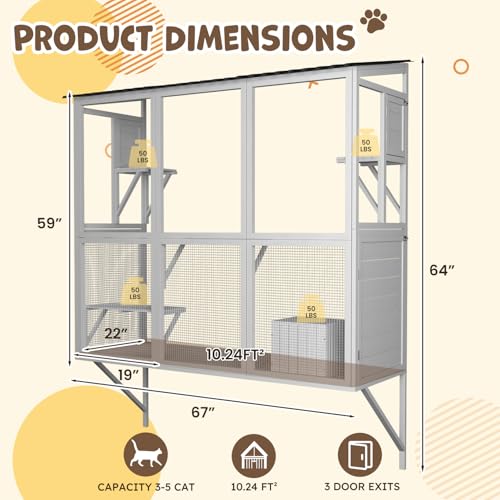 JFHID Catio Outdoor Cat Enclosure with Window Access, Large Window Catio Wood Cat House with 4 Platforms & 3 Doors for Napping & Nature Viewing – All-Weather Pet Cage for Indoor Cats, White JFHID