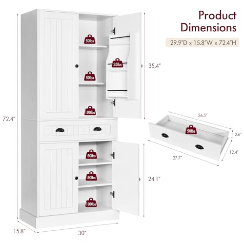 4 EVER WINNER Kitchen Pantry Storage Cabinet with 6 Door Shelves, 72" Tall Cupboard with 4 Adjustable Shelves and Large Drawers, Modern Food Pantry Cabinet for Kitchen, Dinning Living Room, White