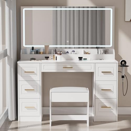 Homesflex Vanity Desk with Mirror and LED Lights, 43'' W Makeup Vanity Desk with Power Outlet, 3 Color Modes, 7 Drawers Vanity Table with Chair, Dressing Table for Bedroom, Dressing Room (White) Homesflex