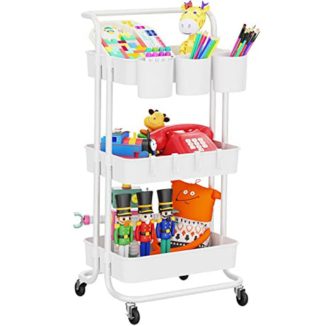 LEHOM 3-Tier Rolling Utility Cart with Hanging Cups & Hooks & Handle, Plastic Art Cart Organizer Storage with Wheels, Easy Assembly for Office, Bedroom, Kitchen, Bathroom, Laundry (White) LEHOM