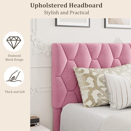 GAOMON Pink Full Bed Frame with Upholstered Headboard, Heavy-Duty Platform Bed Frame with Strong Wood Slats, No Box Spring Needed/Noise Free/Easy Assembly GAOMON