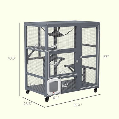 PawHut Large Cat House, Indoor/Outdoor Wooden Cat Catio on Wheels, Cat Enclosure with Platforms, Hammock, Cat Flap Door & Openable Top, Luxury Kitty House for 2 Cats, 39" - WoodArtSupply