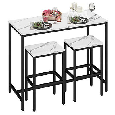 Yongchuang Modern 3-Piece Bar Table and Stools Set in White Faux Marble with Black Metal Frame