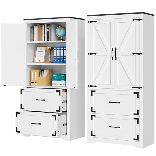 YITAHOME Pantry Cabinet, Wooden Kitchen Storage Cabinet, Storage Pantry with 2 Drawers and Adjustable Shelves, Farmhouse Versatile Storage for Living Room, Dining Room or Hallway, White - WoodArtSupply