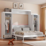 PVWIIK Queen Size Murphy Bed with 2 Wardrobe and Storage Drawer, for Adult,Girls,Boys,Solid Wood Cabinet Bed Frame/Multifunctional Hidden Wall Bed Cabinet,Space-Saving,No Box Spring Needed,White PVWIIK