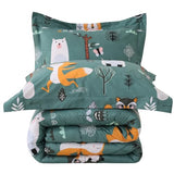 JSD Green Forest Animals Kids Comforter Set Queen Size, 3 Piece Woodland Printed Microfiber Bedding Set, Machine Washable JSD