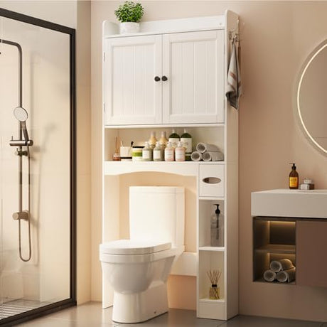 Ahomly Over The Toilet Storage Cabinet, 32.3" W x 70.3" H Over Toilet Bathroom Organizer with Doors, Adjustable Shelves, Toilet Paper Holder, 2 Side Hooks, Space-Saver for Bathroom, Laundry, White Ahomly