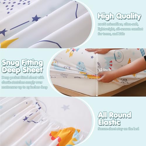 CIMVI Full Size Sheet Sets Kids Spcace Dinosaur Bed Sheets for Boys 15-Inch Deep Pocket Fitted Sheet Soft Breathable Microfiber Bedding Sets with Pillowcases 4 Pieces CIMVI