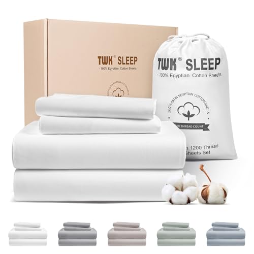 TWK 1200 TC 100% Egyptian Long-Staple Cotton Bedding Sheets Set, Luxury Hotel Style Deep Pocket with Elastic Reinforced Seams Sheet Set, Soft & Comfy Natural Sheets (White, King) TWK