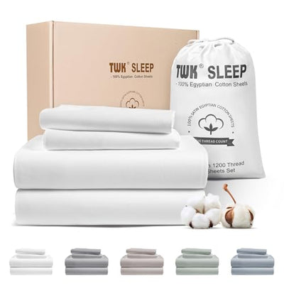 TWK 1200 TC 100% Egyptian Long-Staple Cotton Bedding Sheets Set, Luxury Hotel Style Deep Pocket with Elastic Reinforced Seams Sheet Set, Soft & Comfy Natural Sheets (White, King)