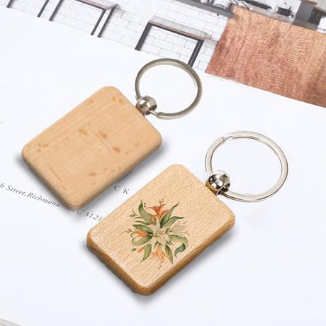 WRINGKIT 50 Pieces Wood Keychain Blank, Unfinished Laser Engraving Blanks with Key Rings, Rectangular Keychain Ring Tag Wood Sign Bulk for DIY, Crafts Gift, Pet Tags WRINGKIT