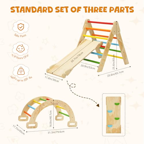 CoziBB Pikler Triangle Set, 5 in 1 Rainbow Baby Montessori Climbing Toys, Indoor Playground for Kids, Foldable Indoor Climbing Toys with Ramp, Arch Climber, Baby Climbing Toys for Toddlers 1-3