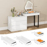 MIIFUNY Corner Makeup Vanity Desk with Mirror and Lights, 58" Modern L-Shaped Vanity Table with Glass Top, Large Dressing Table with 2 Drawers & 3 Tier Dresser for Bedroom, White MIIFUNY