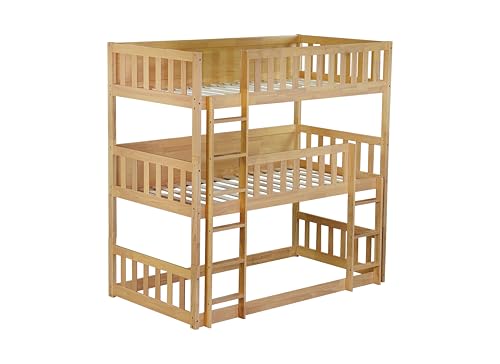 PVWIIK Twin Over Twin Over Twin Wood Bunkbeds for Dorm, Bedroom,Guest Room,Triple Bunk Bed w/Ladder & Guardrails,Detachable Bunk Bed & No Box Spring Needed,Easy Assembly, Oak PVWIIK
