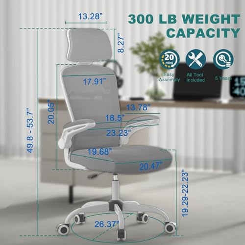 Mimoglad Office Chair, High Back Ergonomic Desk Chair with Adjustable Lumbar Support and Headrest, with flip-up Armrests for Guitar Playing, 5 Years Warranty (Moon Grey) Mimoglad