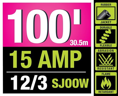 PowerSmith Heavy Duty Extension Cord 100 ft 12/3 Lighted Locking Outdoor SJOOW Rubber Jacket, 5 Year Warranty POWERSMITH