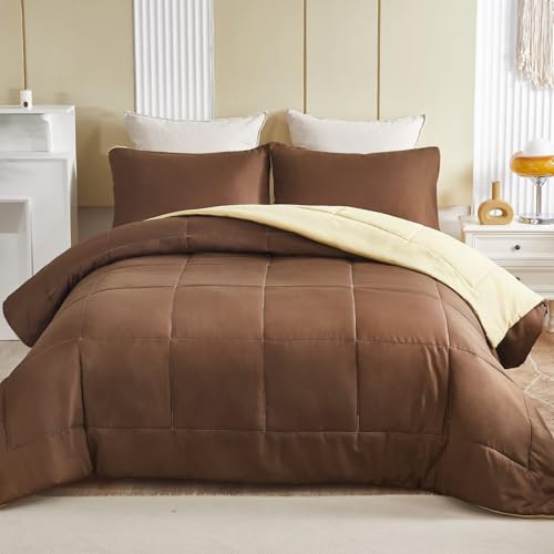 Exclusivo Mezcla Lightweight Reversible King Size Comforter Set, Down Alternative Comforter with 2 Pillow Sham, King Size Bedding Set for All Seasons, Brown/Khaki Exclusivo Mezcla