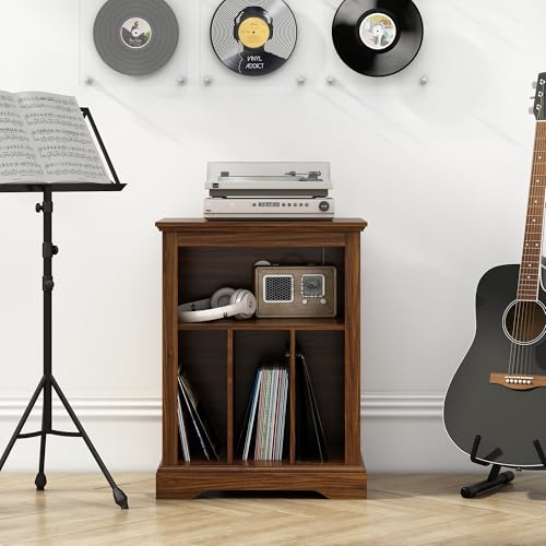 RowyPoey Farmhouse Record Player Stand, 3 Tier End Table, Turntable Stand with Vinyl Record Storage ,Wood Record Holder Cabinet Dispaly Shelf for Living Room,Bedroom,Rustic Brown RowyPoey