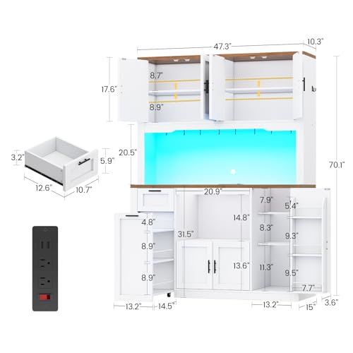 Itaar 71" Pantry Cabinet with Charging Station and LED Light, Kitchen Pantry Cabinet with Microwave Stand, 47.2" Wide Kitchen Storage Cabinets with Storage Cart 3 Tier for Dining Room, White Itaar