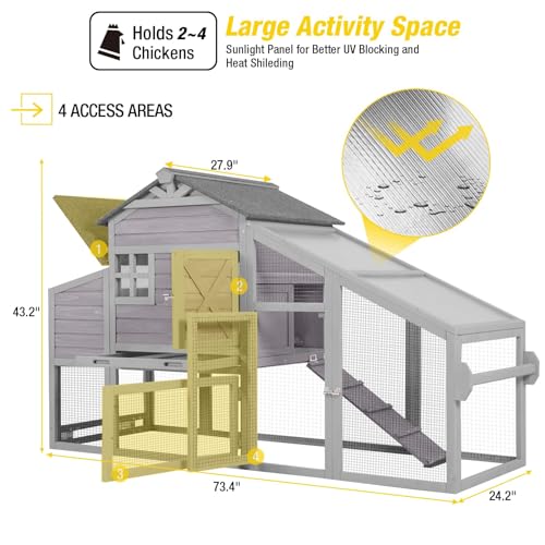 Chicken Coop 65in Mobile Hen House Outdoor Wooden Poultry Cage with Wheels, Nesting Box, Leakproof Pull-on Tray and UV-Resistant Roof Panel - WoodArtSupply