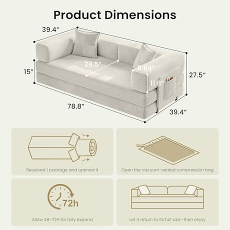 CUBENTE 78.8" Convertible Sofa Bed,Corduroy Futon Couch with Storage Pocket,Folding Pull Out Futon Sofa,No Assembly Boneless Couch for Living Room, White CUBENTE
