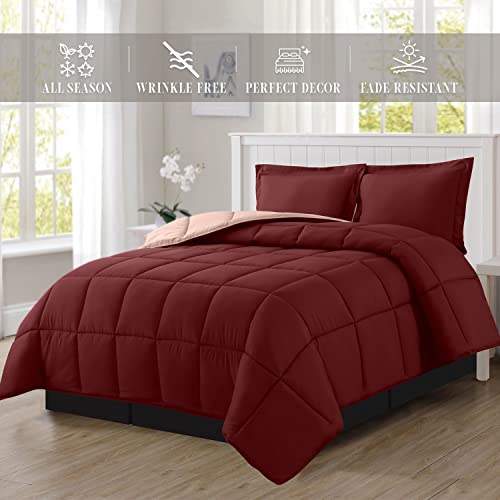 Elegant Comfort 3-Piece Reversible Comforter Set, All Season Cozy, Soft Down Alternative, Quilted - Box Stitched - Duvet Insert with 4 Corner Tabs, Comforter with Shams, Twin XL, Burgundy/Dusty Rose Elegant Comfort