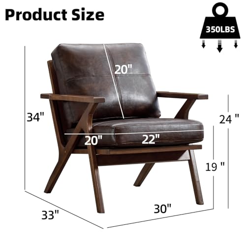 INZOY Mid-Century Modern Accent Chair with Wood Frame Set of 2, PU Leather Living Room Chair and Soft Thick Padded Armchair for Living Room Bedroom Reception with Removable Upholstered Cushions, Brown INZOY